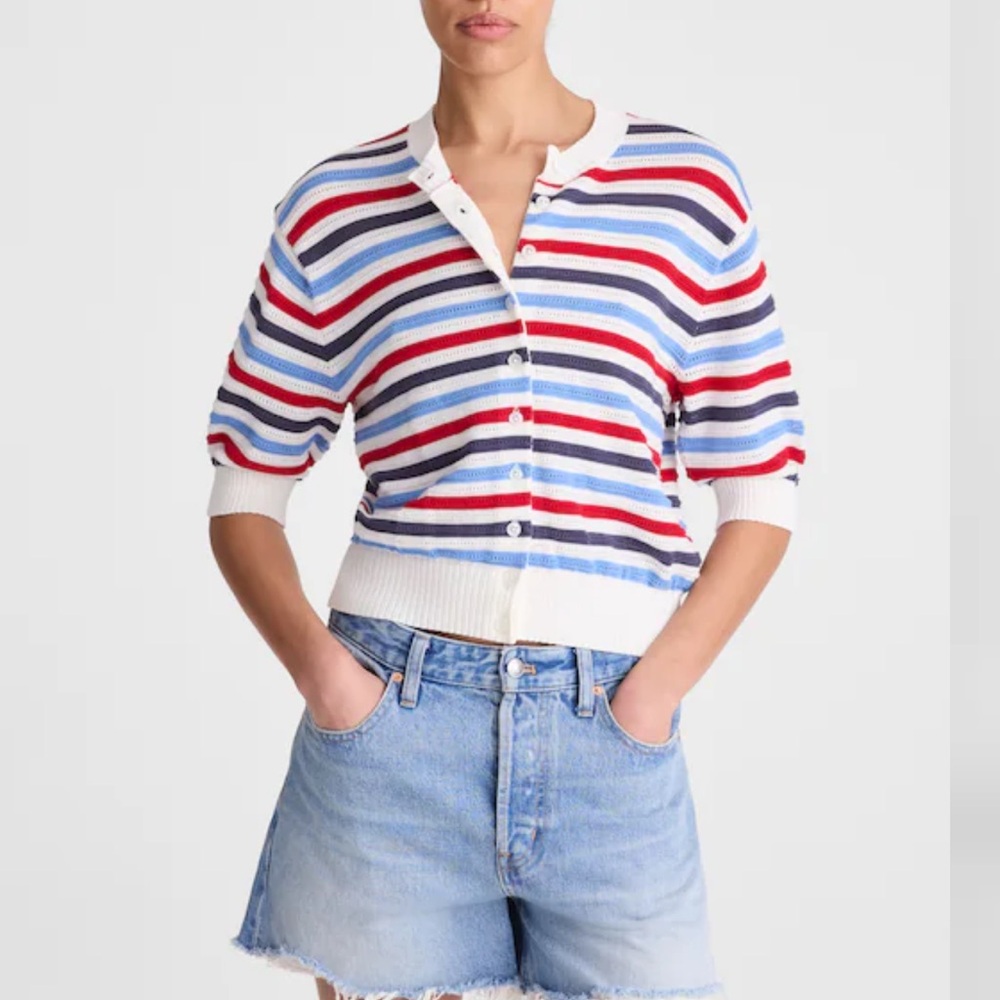 Madewell cotton stitch siya Short Sleeve Striped Button Cardigan size Small New